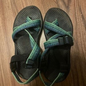 Blue and green chacos